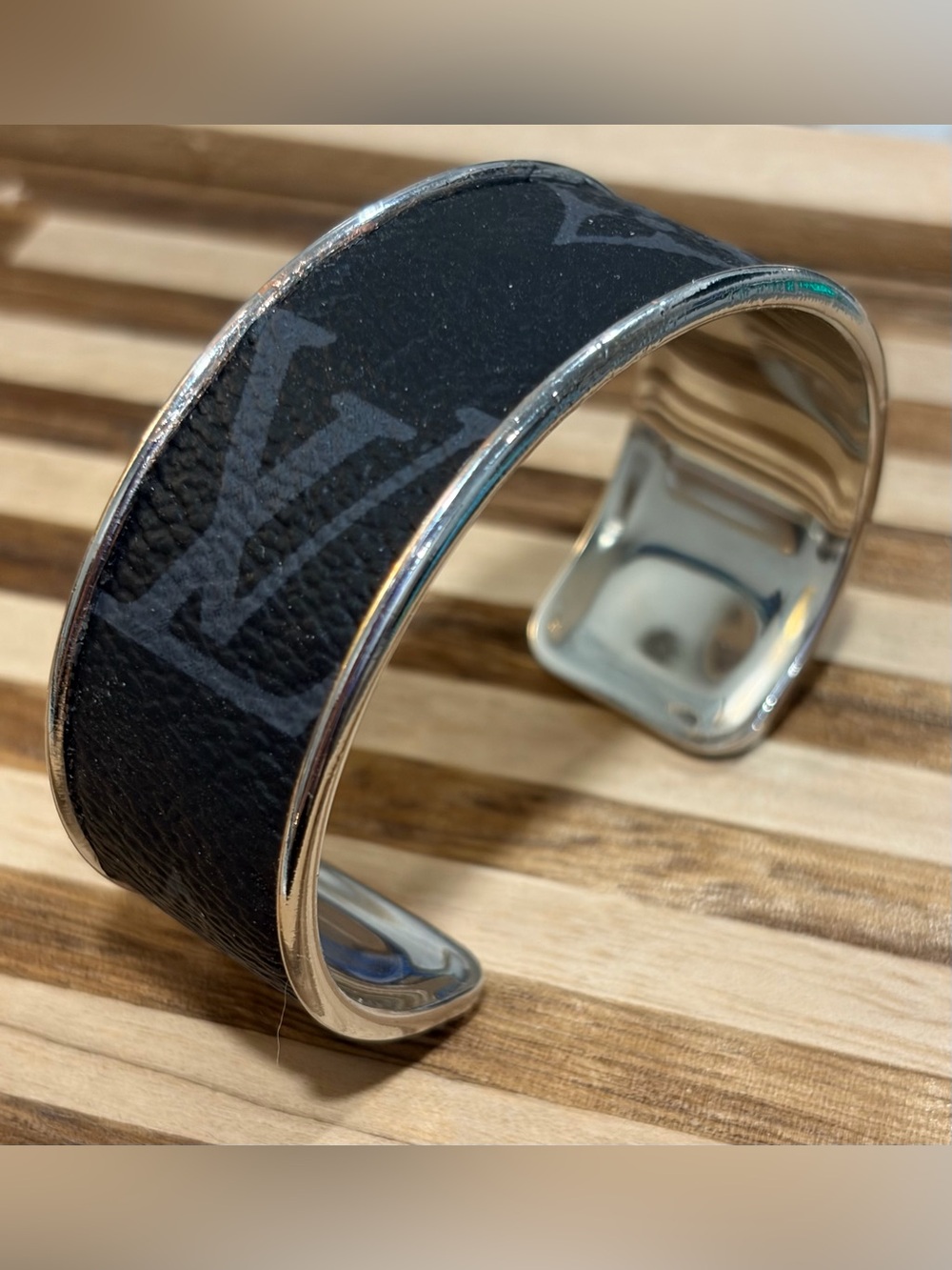 Louis Vuitton Black Monogram Silver-Trim Cuff